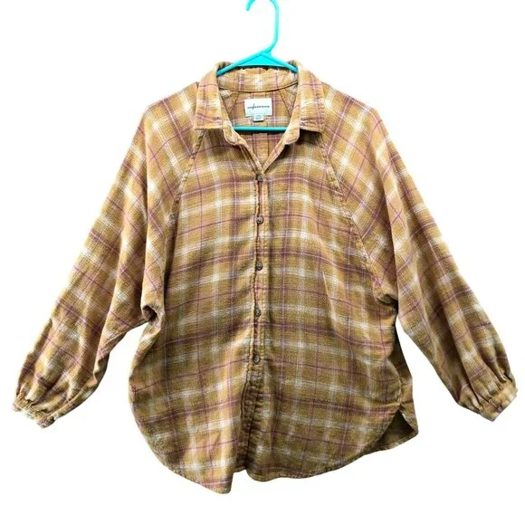 American Eagle Oversized Flannel Shirt Womens S Mustard Yellow Plaid Button  Down